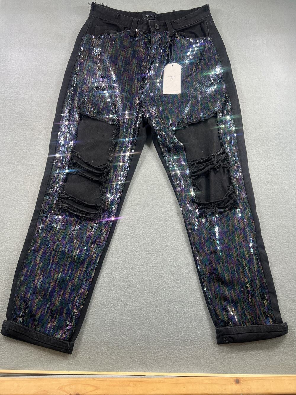 Trendy Cello Black Jeans with Iridescent Sequin Panels, Size 11